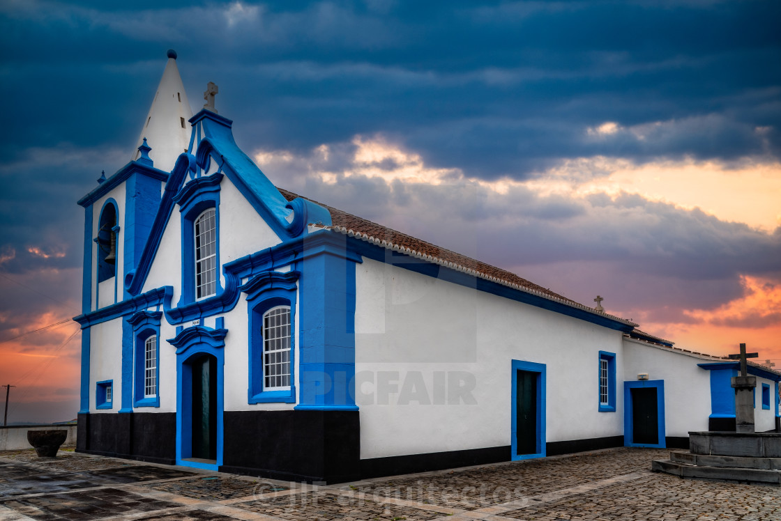 "The church of Quatro Ribeiras at sunset in Terceira Island" stock image