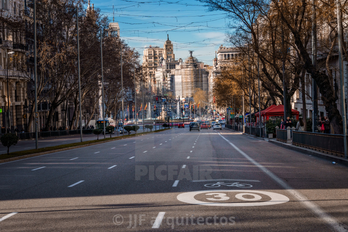 "Cityscape of central Madrid: Alcala Street and Cibeles Square" stock image