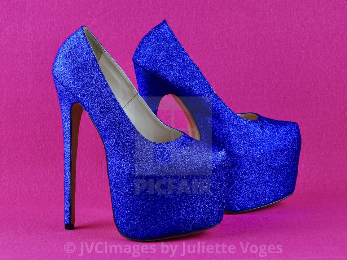 "Blue Glitter Platform Stiletto Shoes" stock image