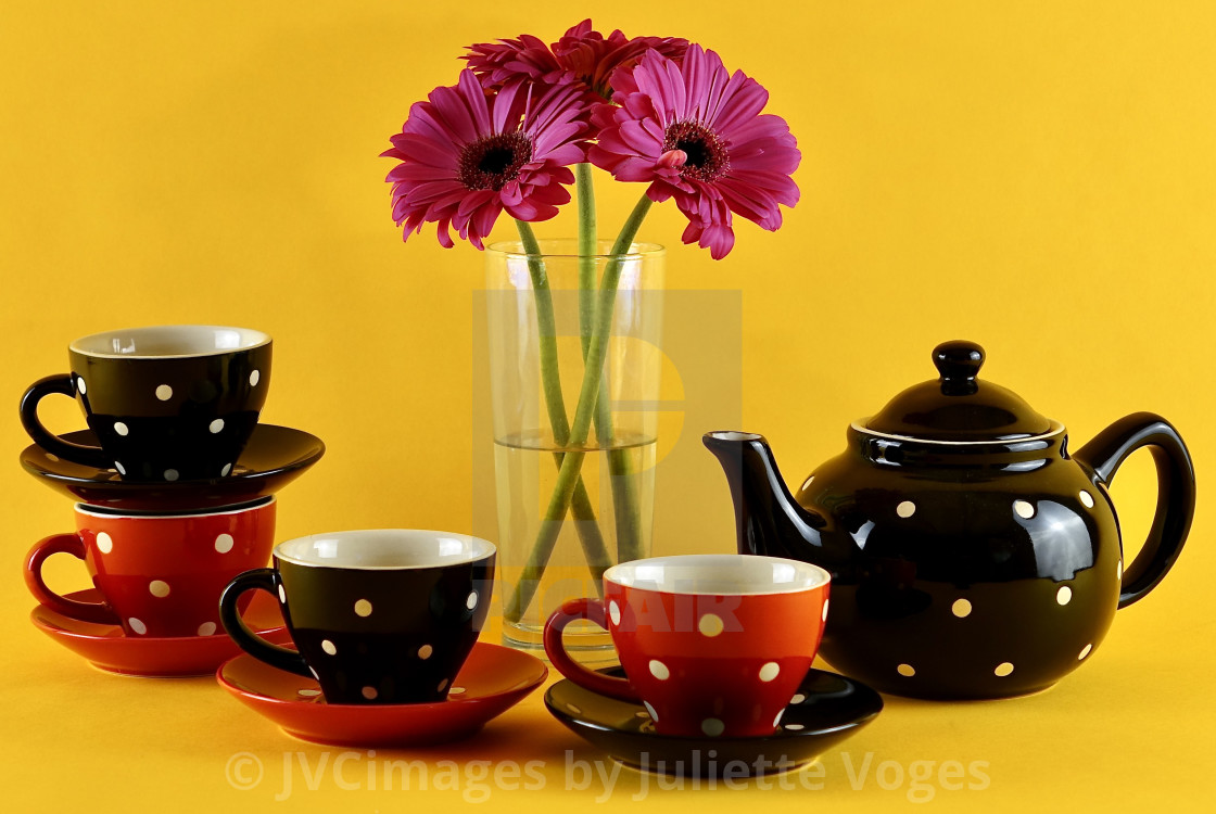 "Red & Black Polka Dot Tea Set" stock image