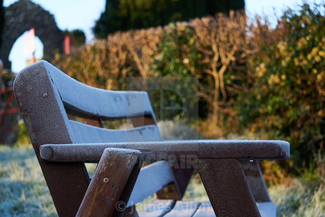 "Frost on wooden bench" stock image