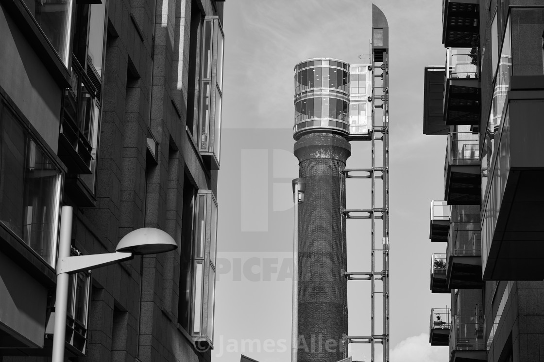 "Closeup B/W of the old Jameson distillery chimney in Dublin." stock image