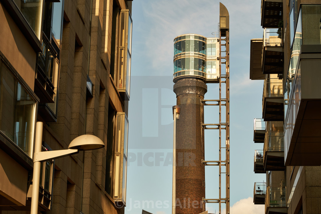 "Closeup before sunset of the old Jameson distillery chimney in Dublin." stock image