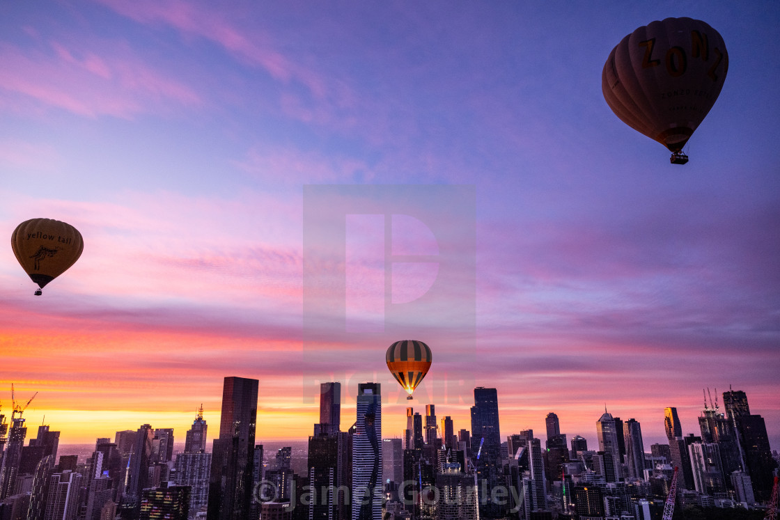 "Hot Air Balloons in flight over Melbourne, Australia - 24 Jan 2022" stock image