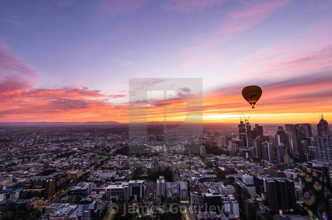 "Hot Air Balloons in flight over Melbourne, Australia - 24 Jan 2022" stock image