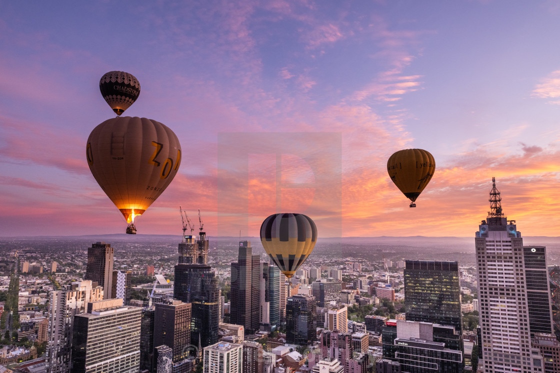 "Hot Air Balloons in flight over Melbourne, Australia - 24 Jan 2022" stock image