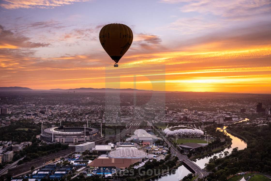 "Hot Air Balloons in flight over Melbourne, Australia - 24 Jan 2022" stock image