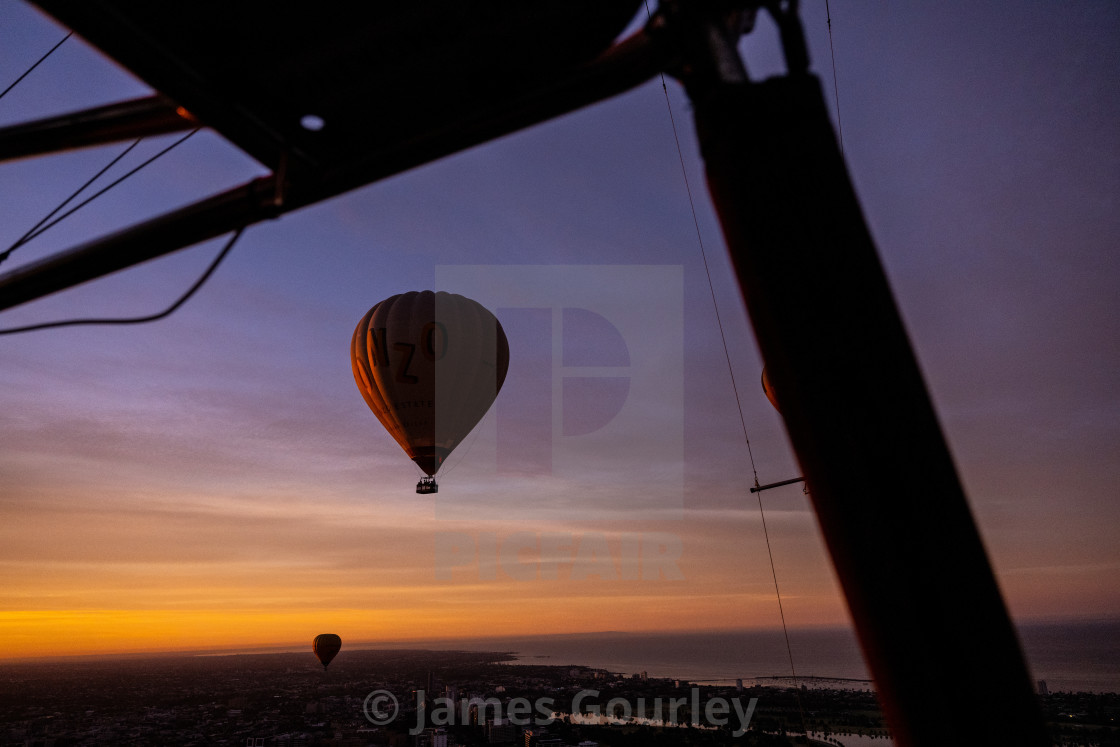 "Hot Air Balloons in flight over Melbourne, Australia - 24 Jan 2022" stock image