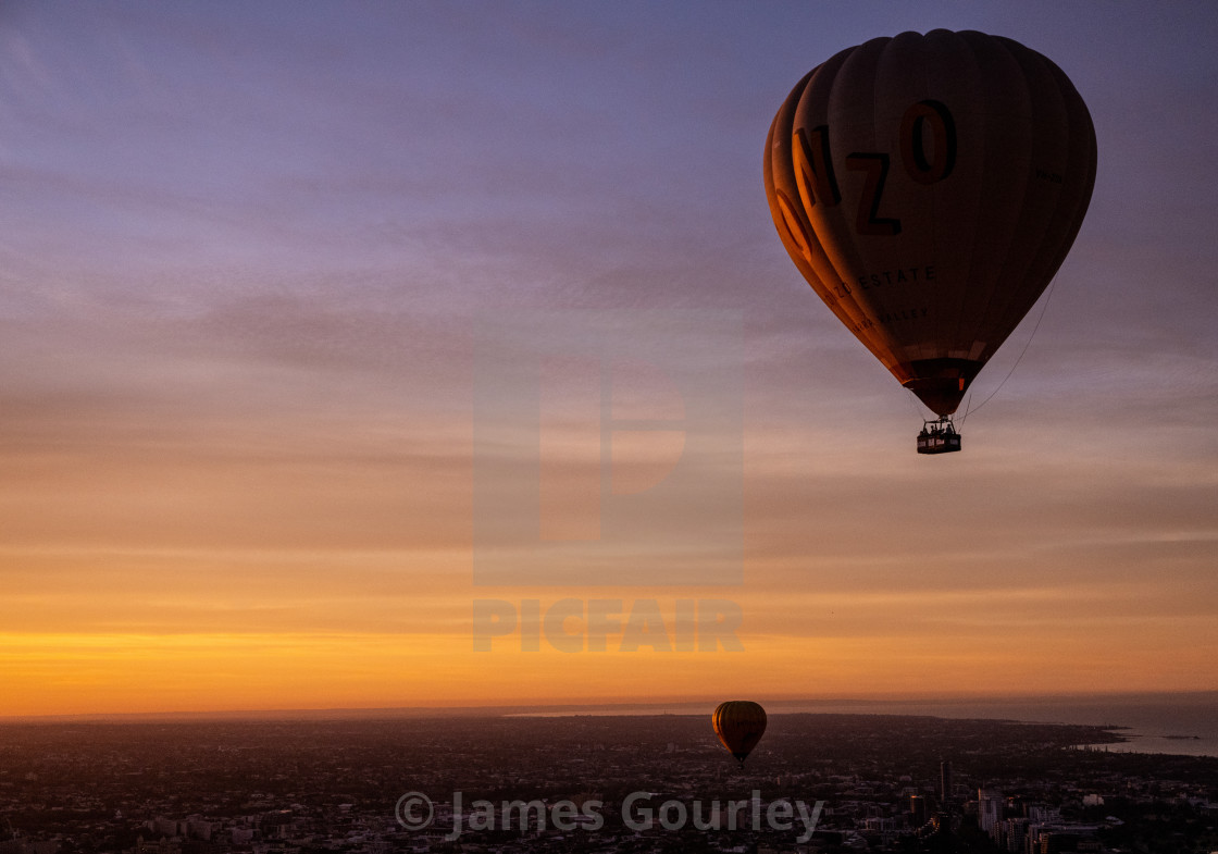 "Hot Air Balloons in flight over Melbourne, Australia - 24 Jan 2022" stock image