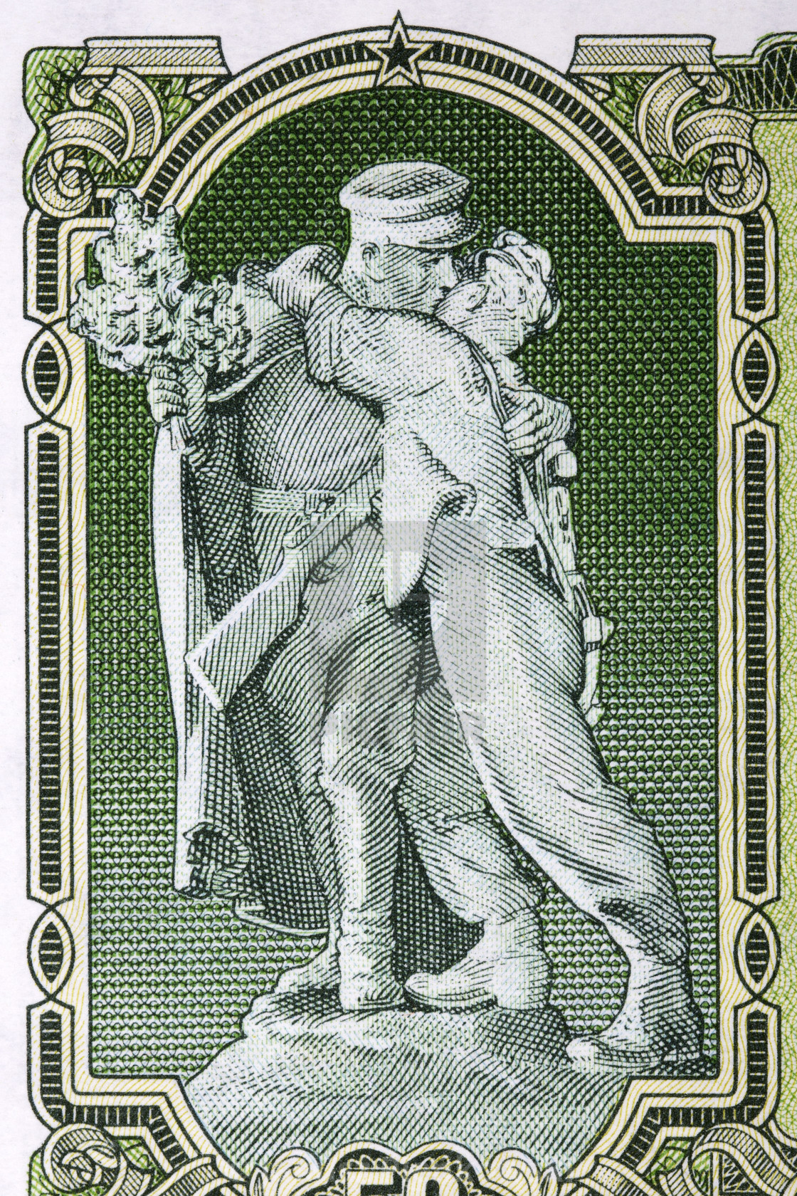 "Statue of partisan with Russian soldier from Czechoslovak money" stock image