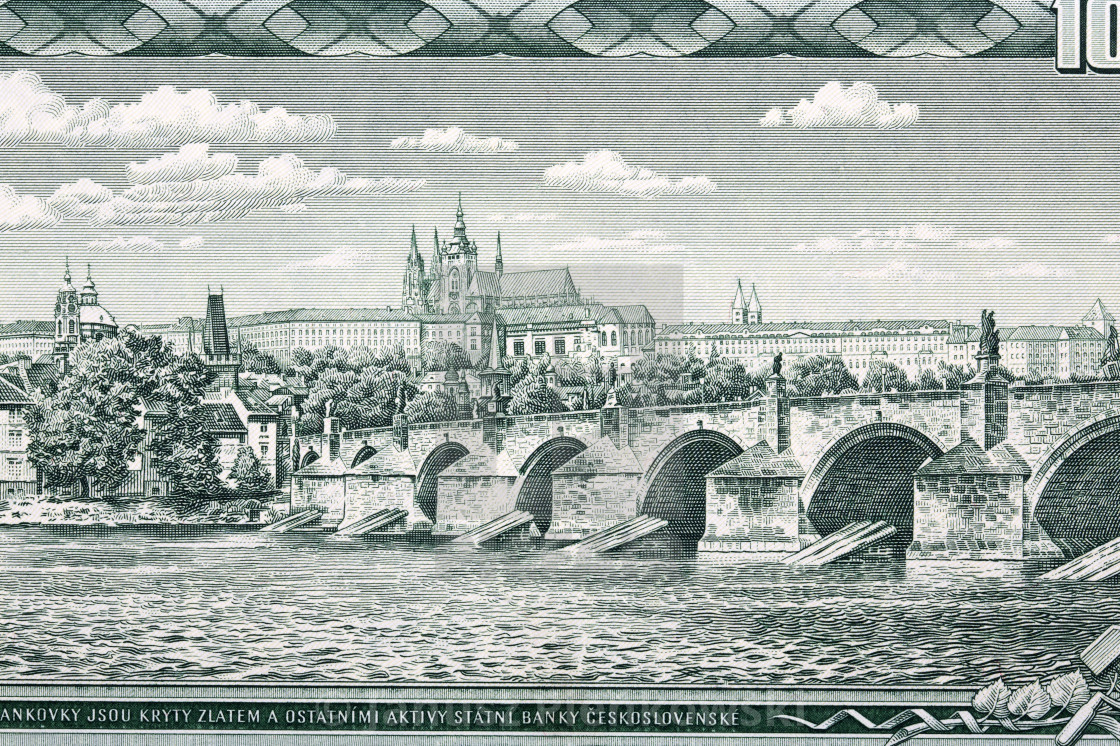 "Charles Bridge and Hradcany in Prague from money" stock image