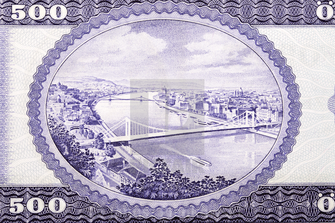 "Aerial view of Budapest and Danube river from old Hungarian Forint" stock image