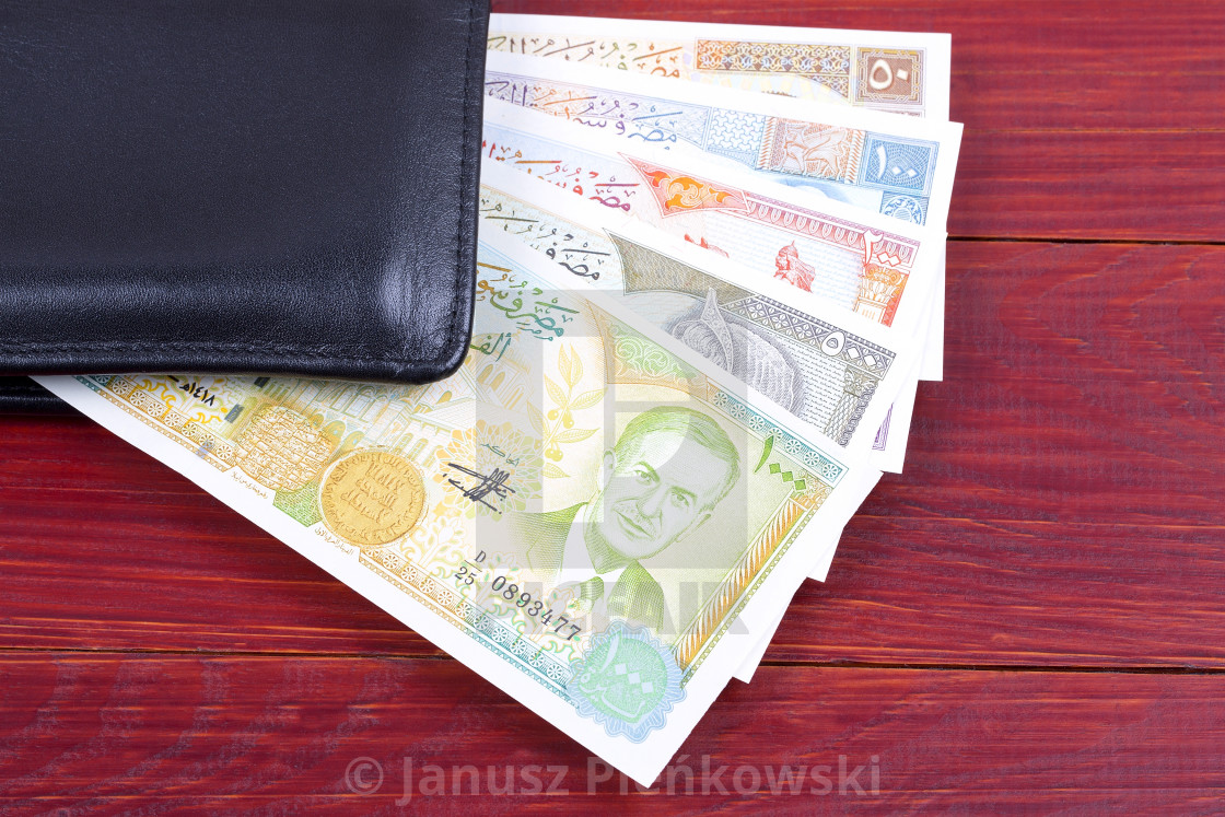 "Old Syrian pound in the black wallet" stock image