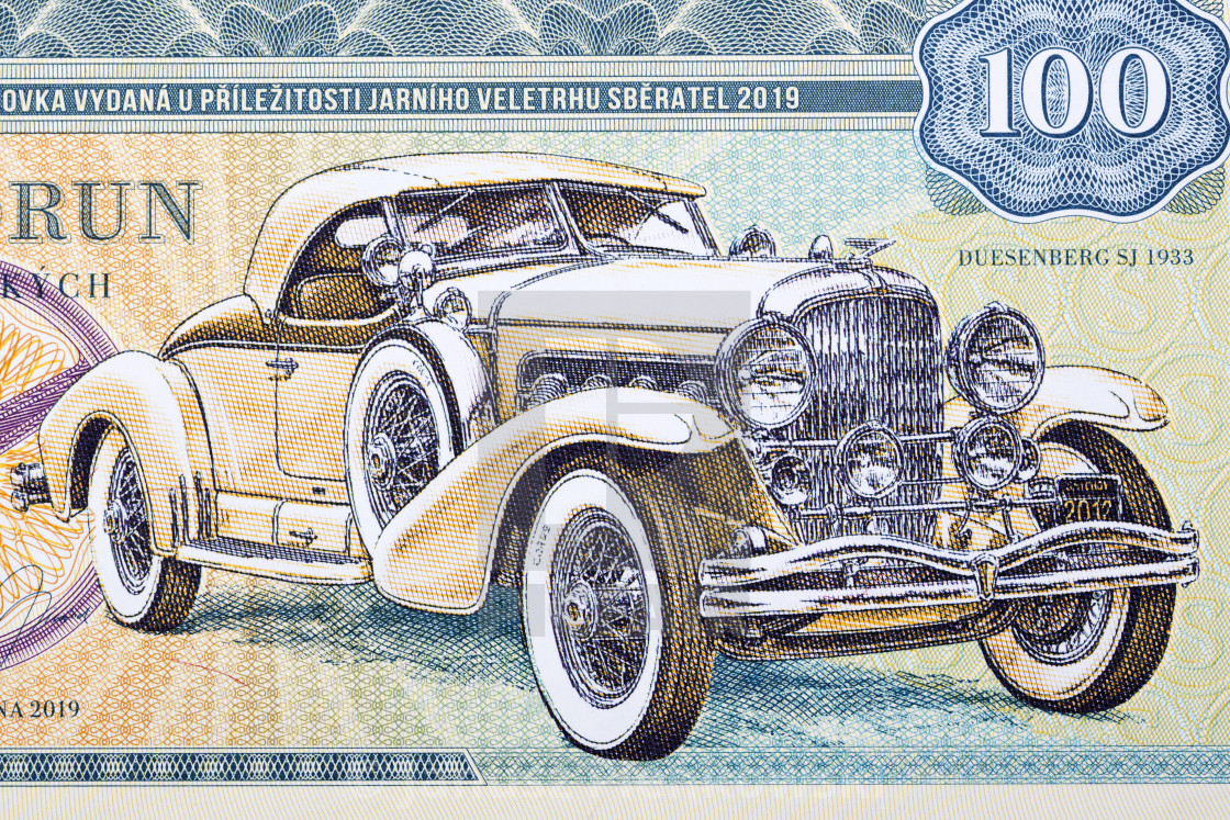 "Automobile 1933 Duesenberg Model SJ from money" stock image