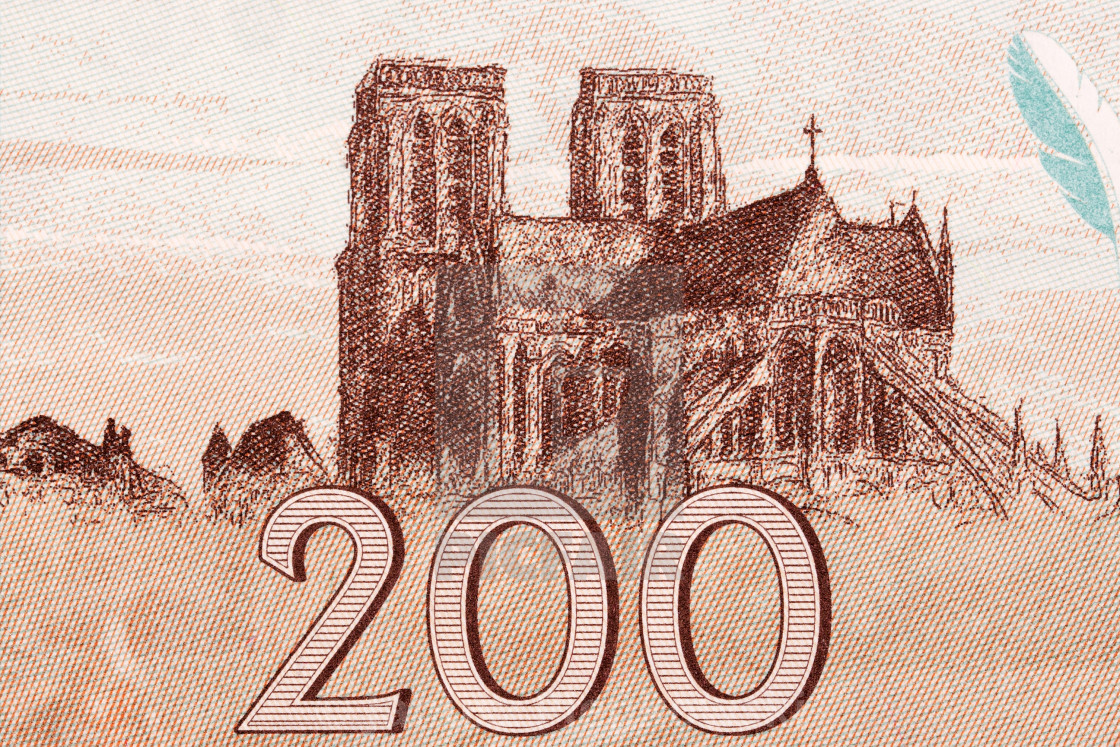 "Notre-Dame Cathedral in Paris from money" stock image