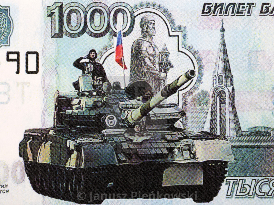 "Russian soldier in a tank from money" stock image