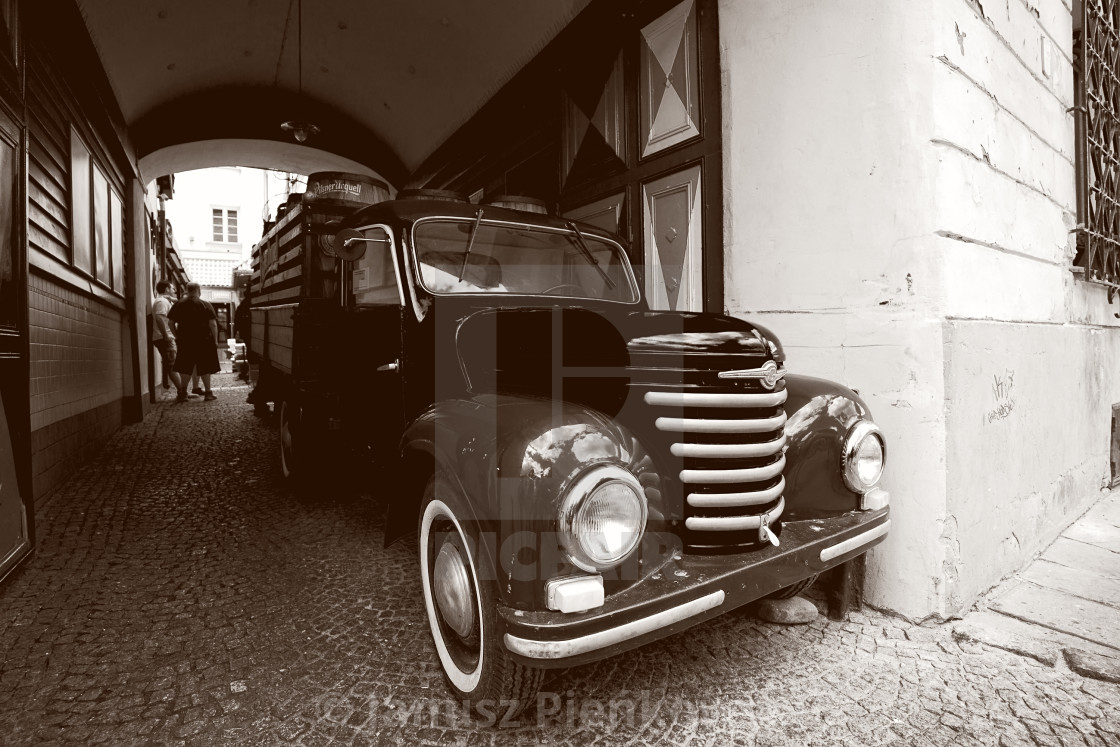 "Old car on the Old Town in Warsaw, Poland" stock image