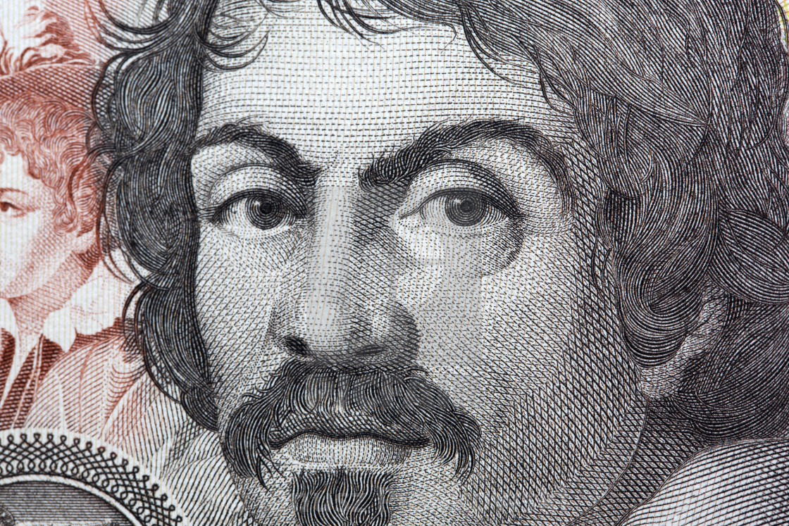 "Caravaggio a closeup portrait from Italian money" stock image