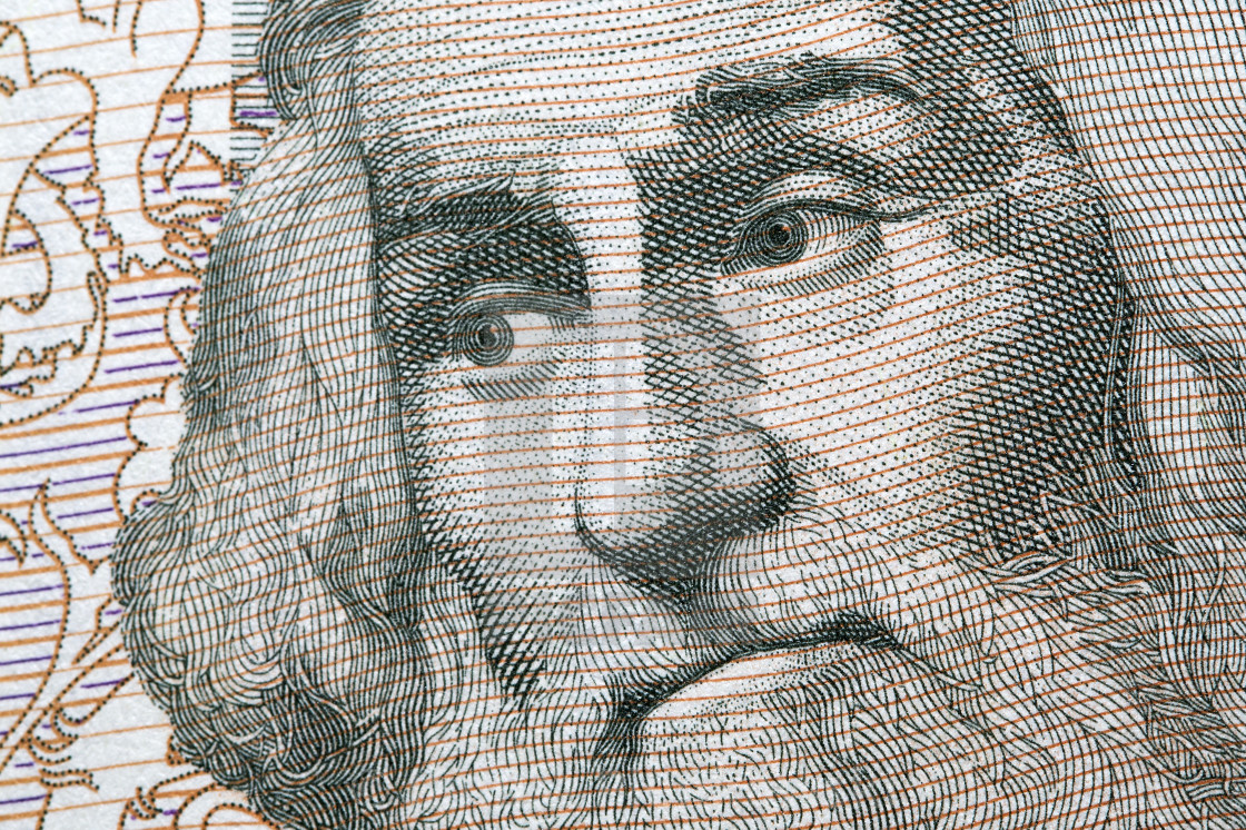 "Marco Polo a closeup portrait from old Italian money" stock image