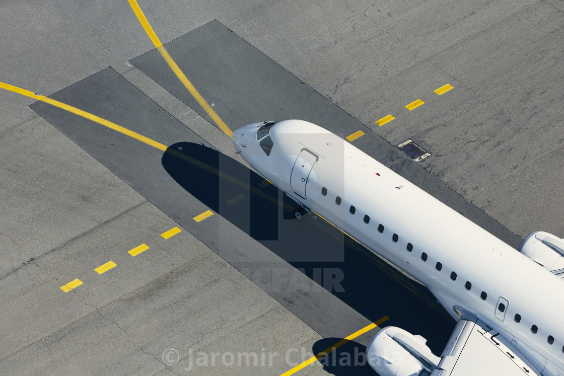 "Aerial view of airplane at airport" stock image