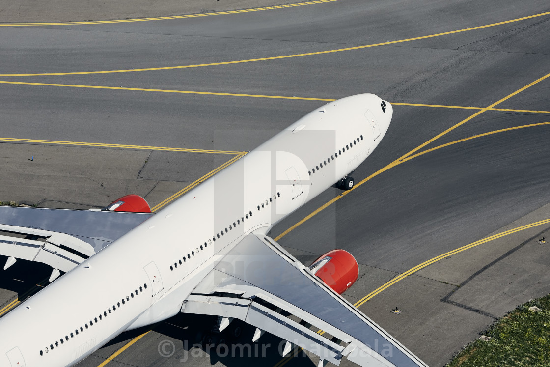 "Aerial view of airplane at airport" stock image