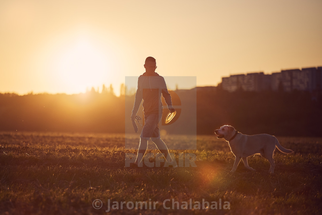 "Man with dog at beautiful sunset" stock image