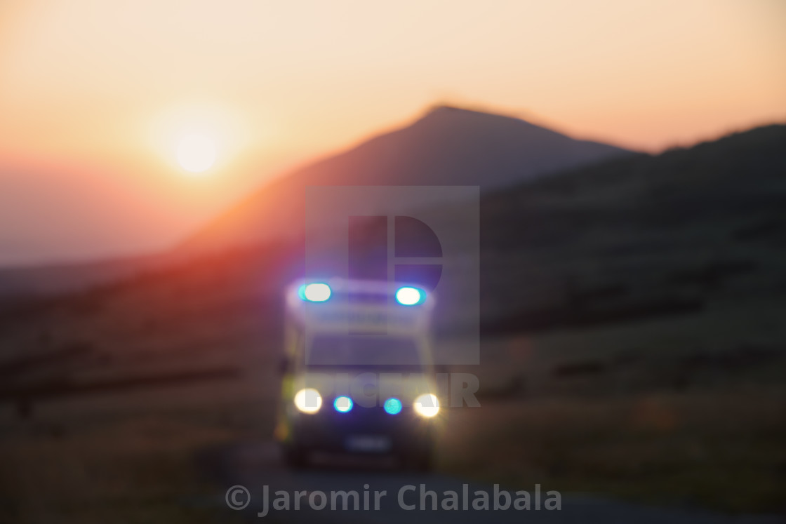 "Defocused view of ambulance car of emergency medical service" stock image