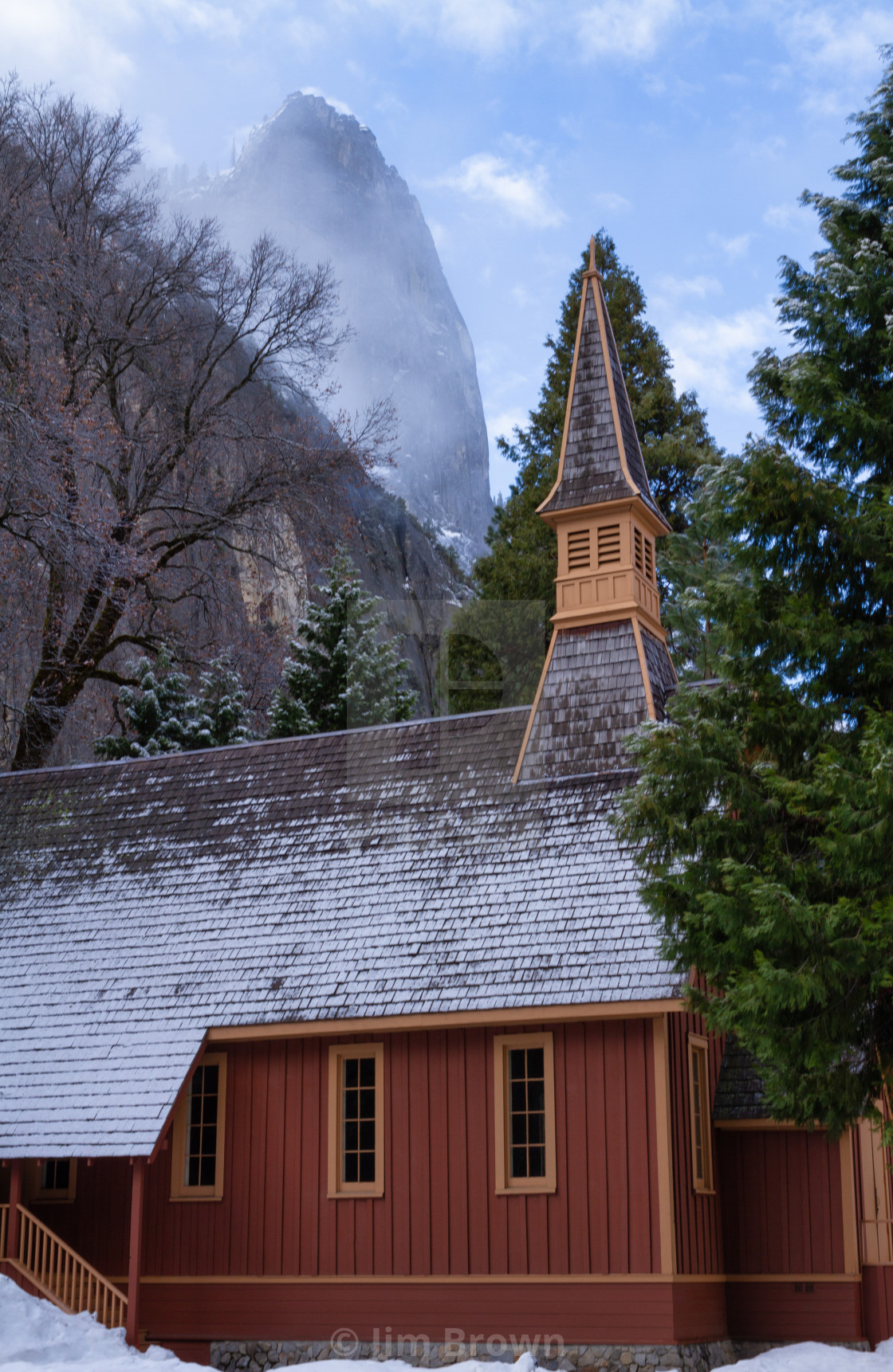 "Yosemite Chapel under fresh snow" by Jim Brown - £15.00 "Yosemite Chapel under fresh snow" stock image