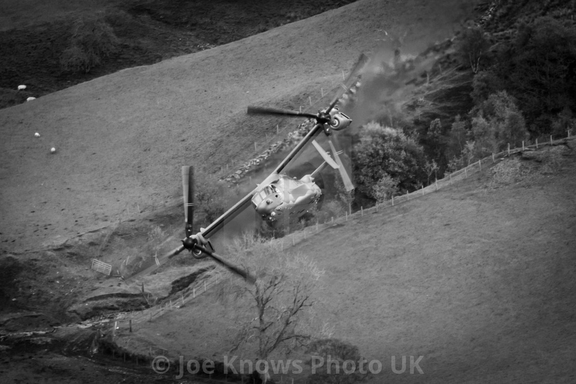 "V22 Osprey in Mach Loop LFA7 - Tail 0064 - through Bluebell and Bwlch" stock image