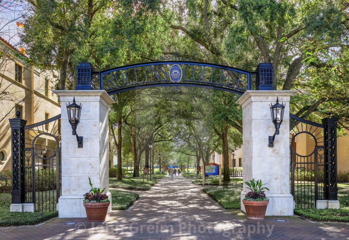 "Entrance gate to Rollins College campus, Winter Park, Florida" stock image