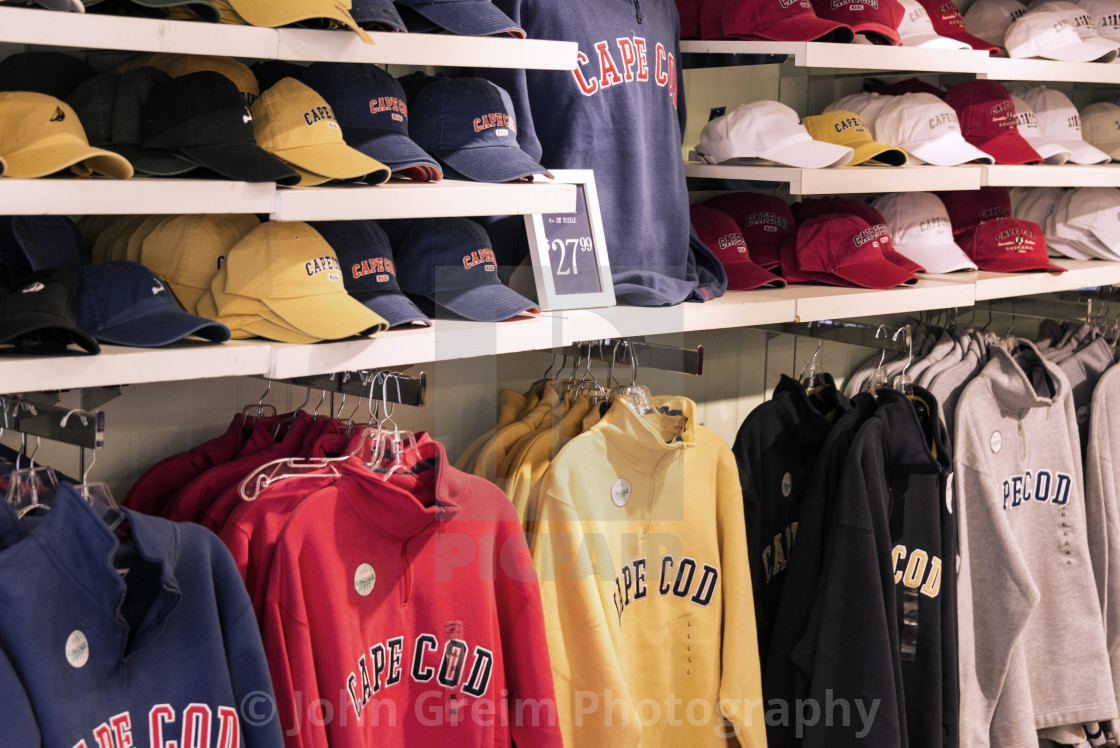 "Souvinier sweatshirts and hats for sale in Cape Cod store" stock image