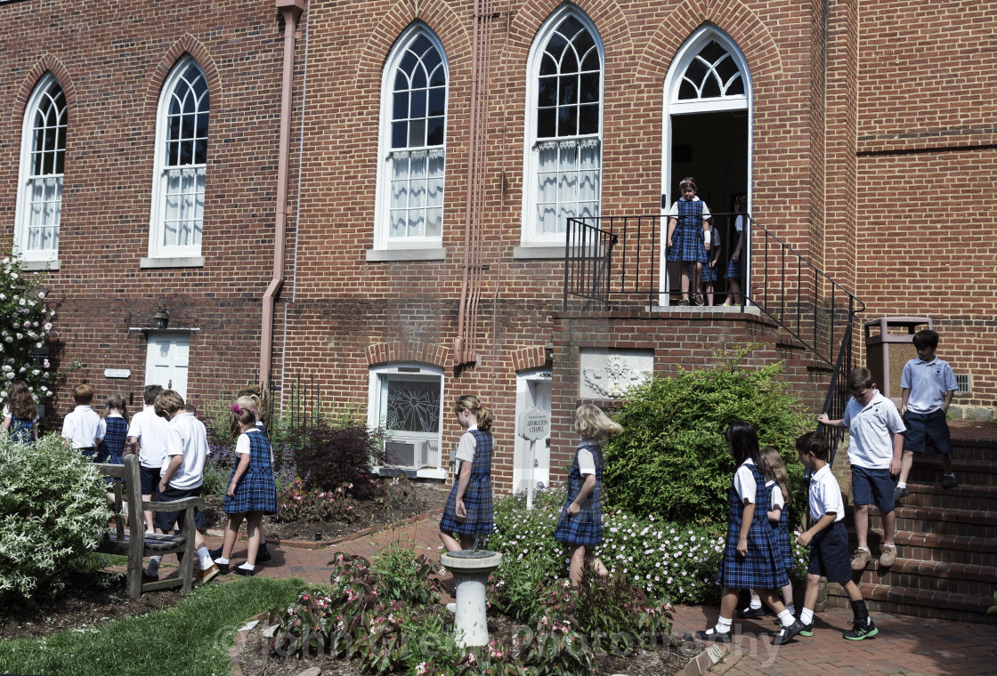 "Parocial school children practice orderly evacuation drill" stock image