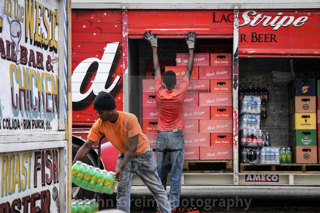 "Red Stripe beer delivery to West End restaurant, Jamaica" stock image