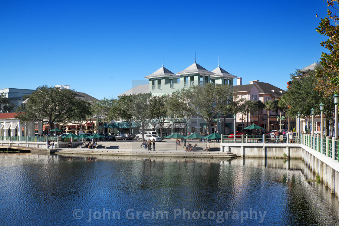 "Lake Rainhard and the town of Celebration Village." stock image