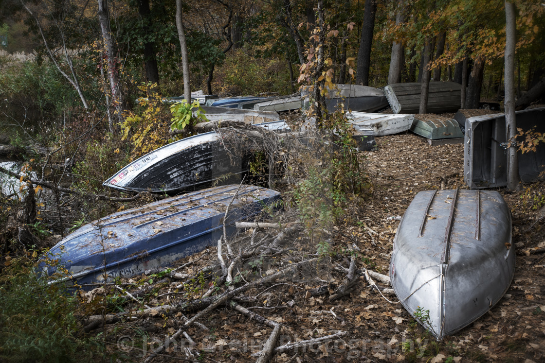 "Rowboats stored on the bank of the East Branch Reservoir." stock image