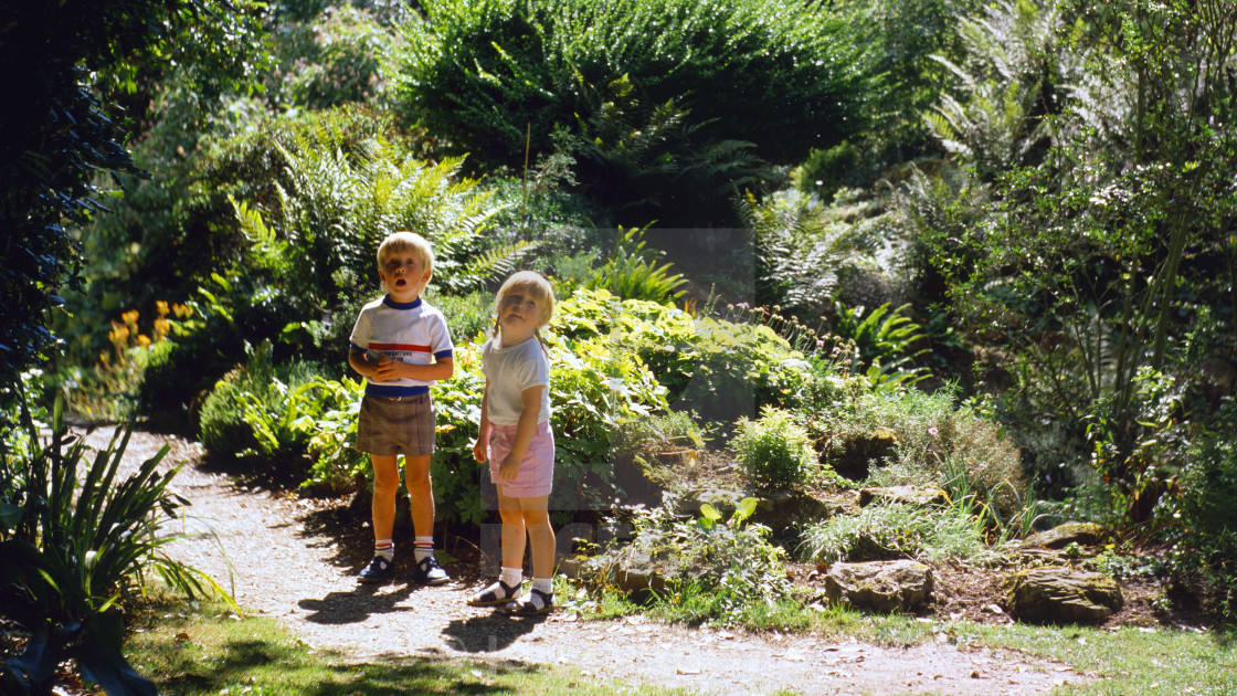 "Kids play in the Chalk Garden, Sussex, UK" stock image