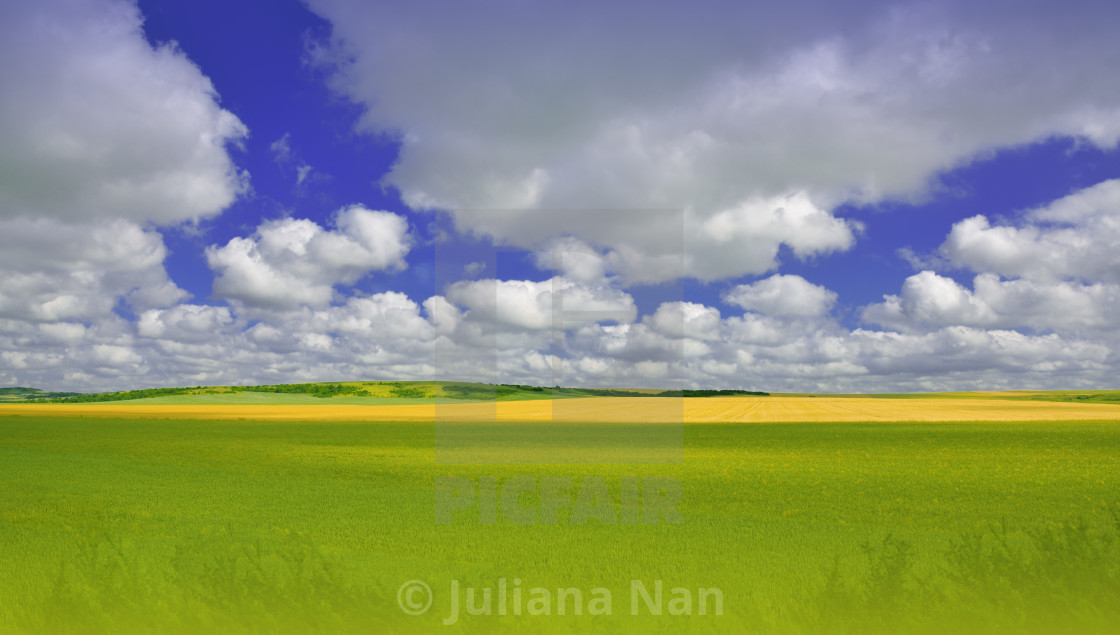 "Beautiful Tranquil Nature Background.Amazing Rural Scene.Art Design.Creative Photography.Conceptual Photo.Fantasy Art.Artistic Wallpaper.Blue Sky and Clouds." stock image