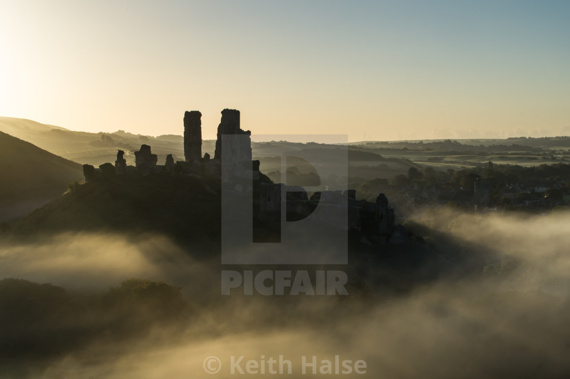 "Corfe Castle on a Misty Morning" stock image