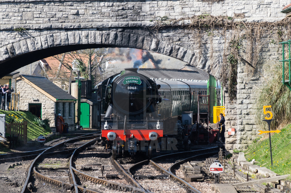 "Flying Scotsman approaching Swanage Station" stock image