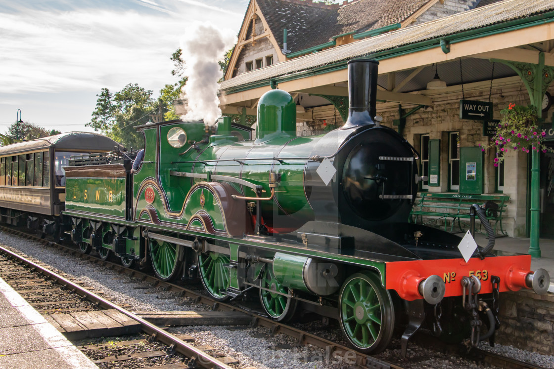 "LSWR locomotive T3 No 563 at Corfe Castle Station." stock image