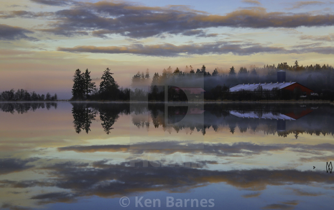 "Red Barn and lake at dawn" stock image