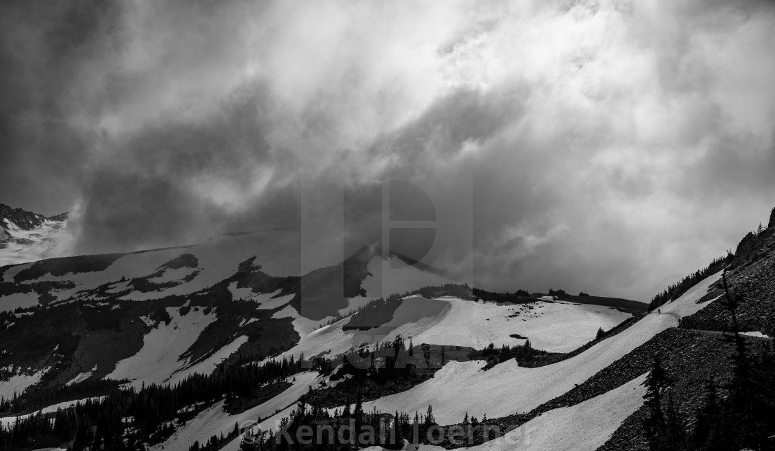 "Mount Rainier Northern Cloudscape Black and White" by Kendall Toerner - $18.46 "Mount Rainier Northern Cloudscape Black and White" stock image
