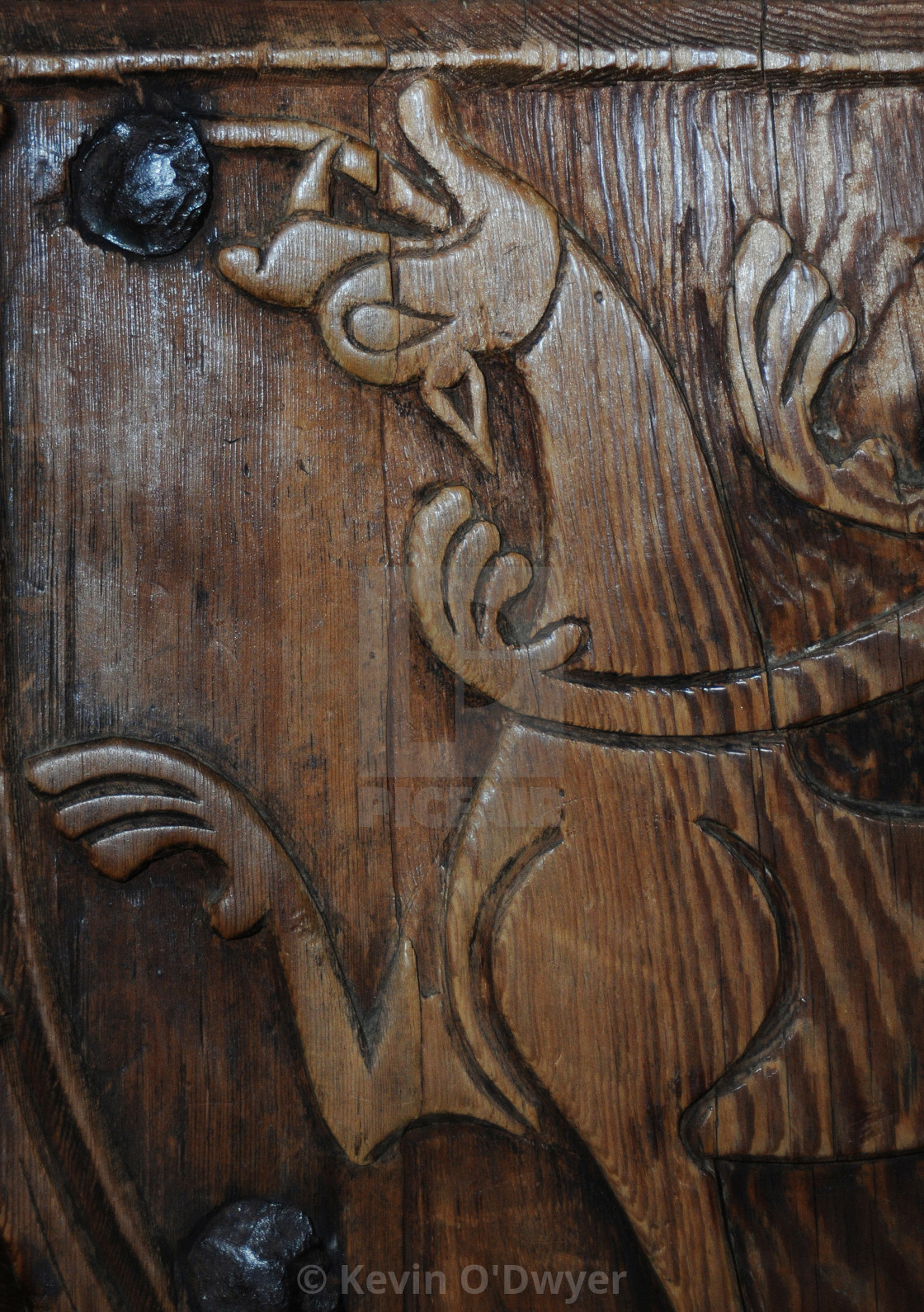 "Carving detail, Urnes Stave Church interior" stock image