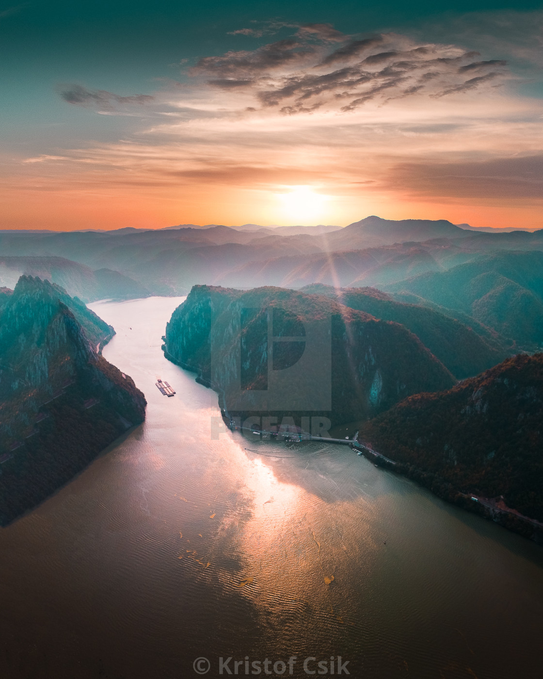 "Sunset on the Danube River at Rock Sculpture of Decebalus" stock image