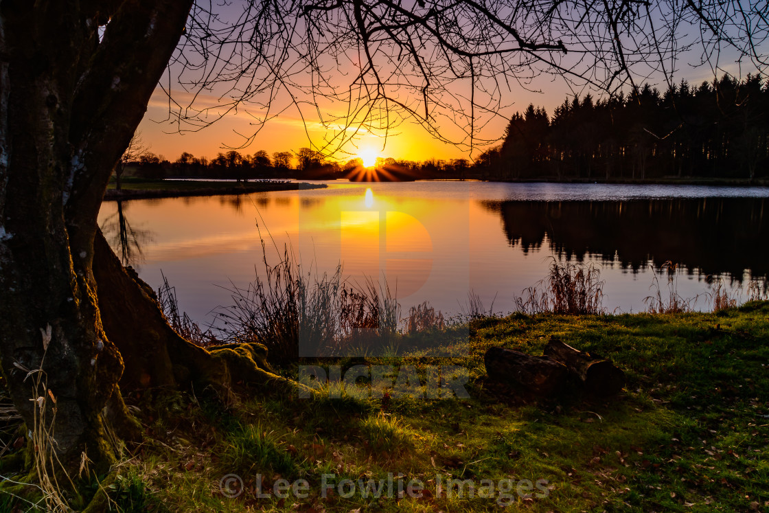 "Sunrise at Pitfour Lake" stock image