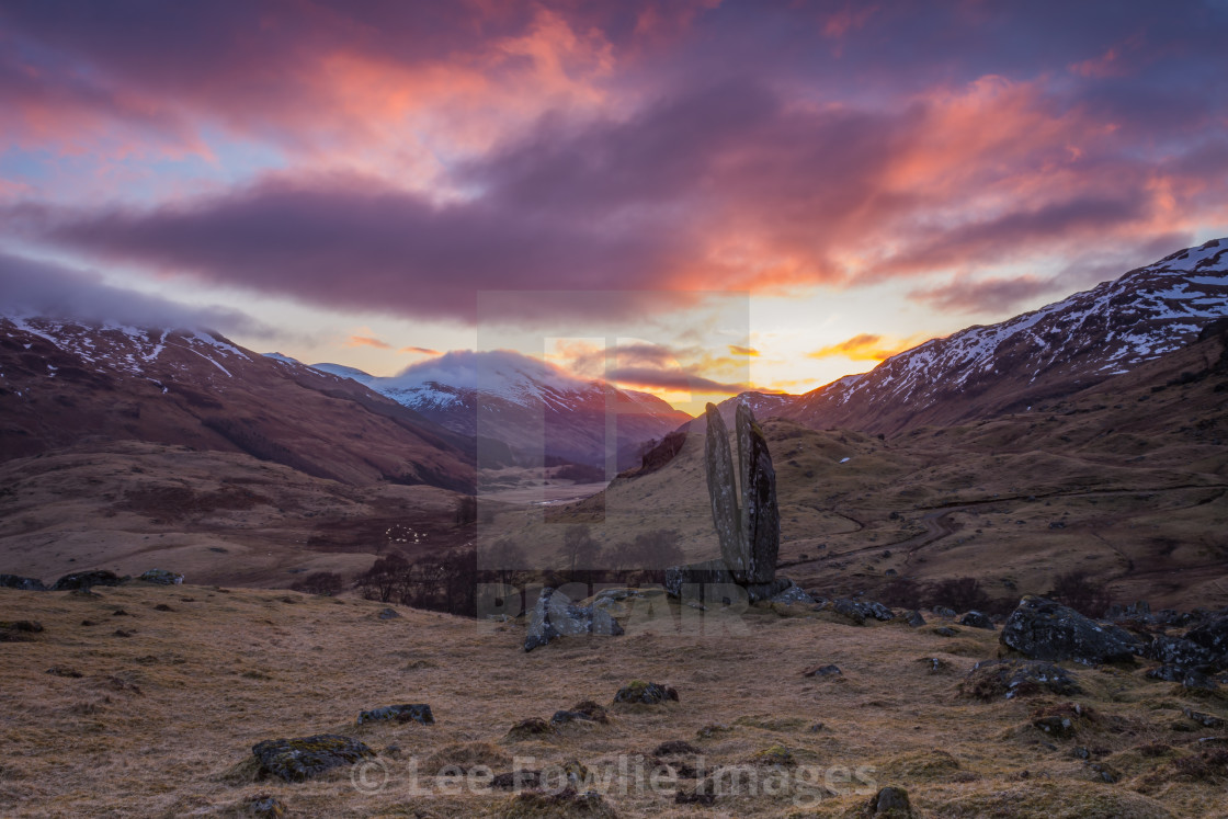 "Dawn at Fionn's Rock, Glen Lyon" stock image