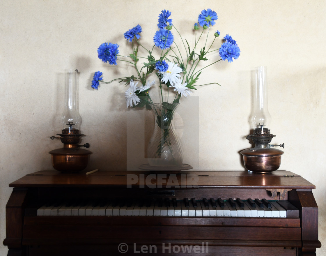 "Keyboard, lamps and flowers" stock image