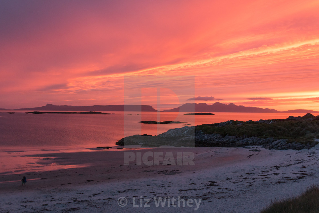 "Sunset, Camusdarach and the Small Isles" stock image