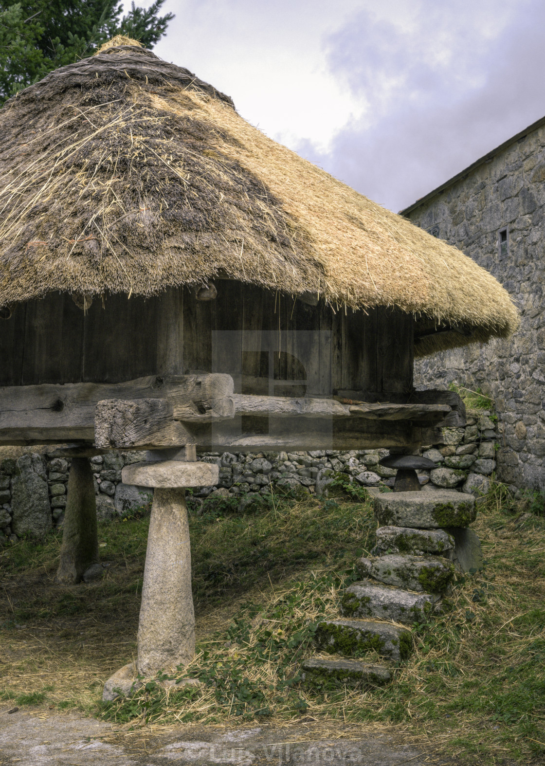 "An old wooden granary with stone pillars and stairs and thatched" by Luis Vilanova - $15.31 "An old wooden granary with stone pillars and stairs and thatched" stock image