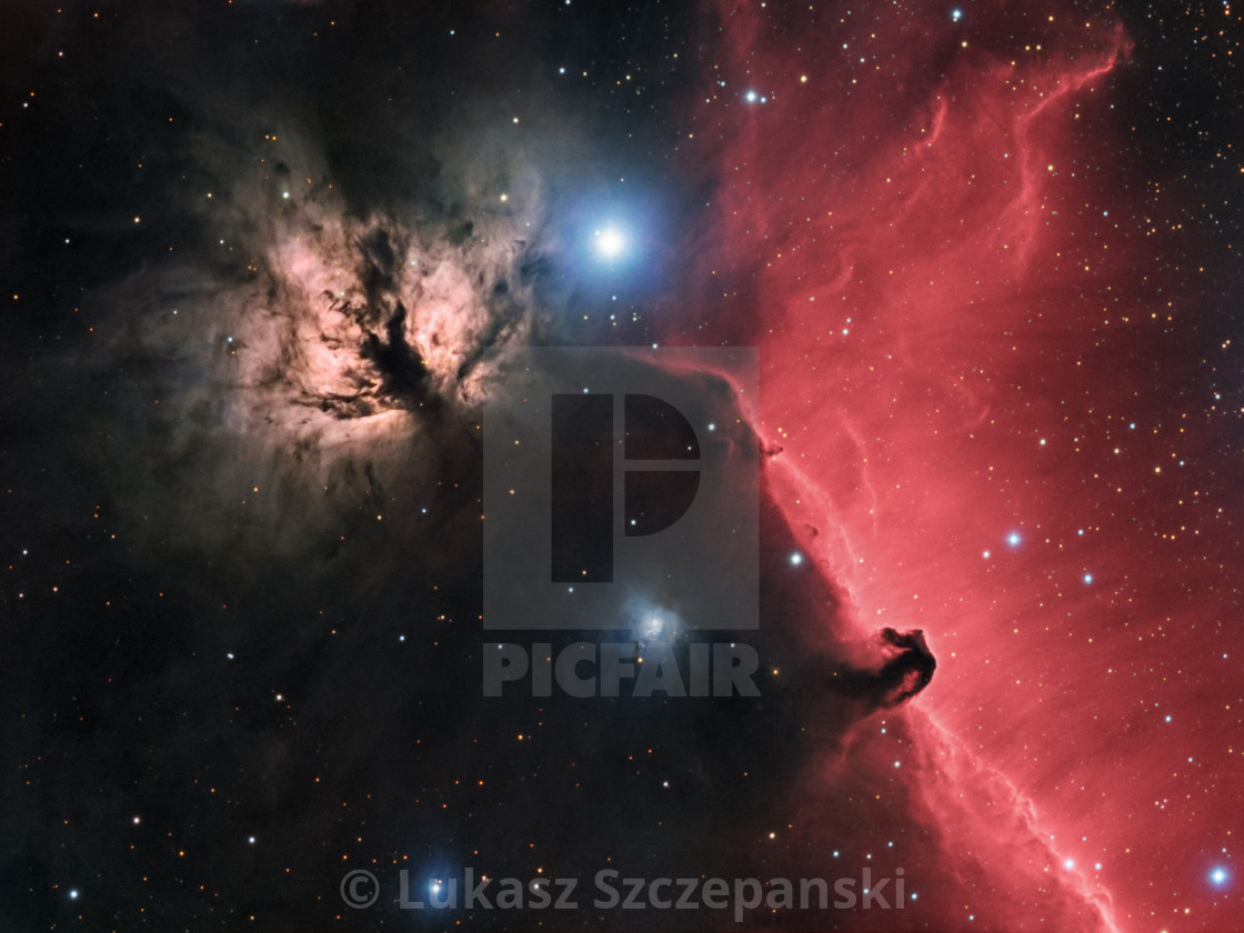"Flame Nebula (NGC 2024) and Horsehead Nebula (B33 against IC 434) in constellation of Orion" by Lukasz Szczepanski - $24.31 "Flame Nebula (NGC 2024) and Horsehead Nebula (B33 against IC 434) in constellation of Orion" stock image